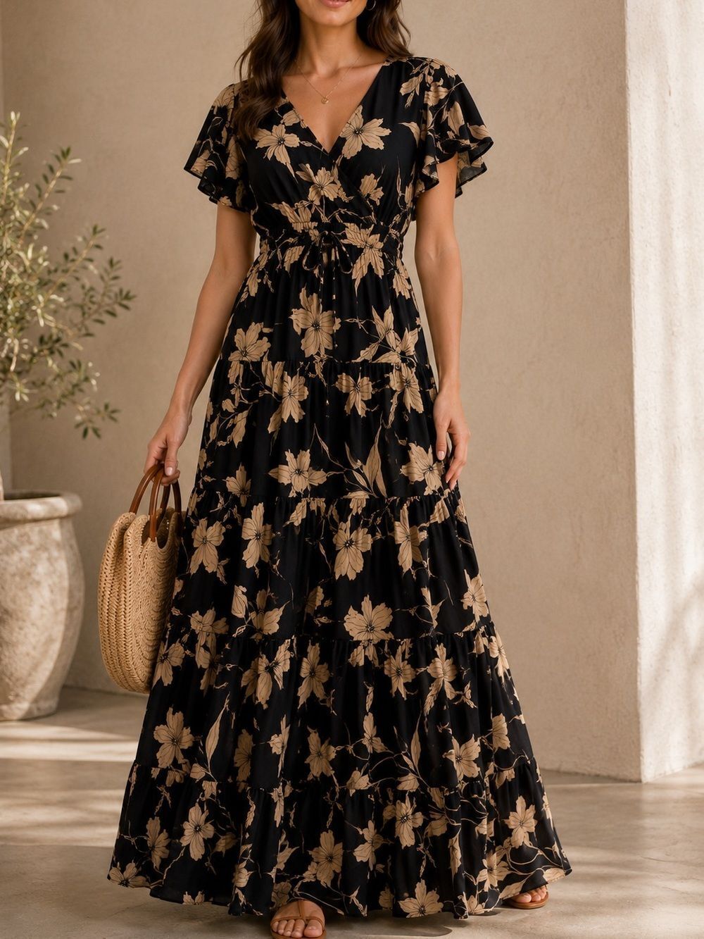 NWT Lauren Ralph Lauren Voile Floral Tiered Maxi Dress Black Beige Size 6